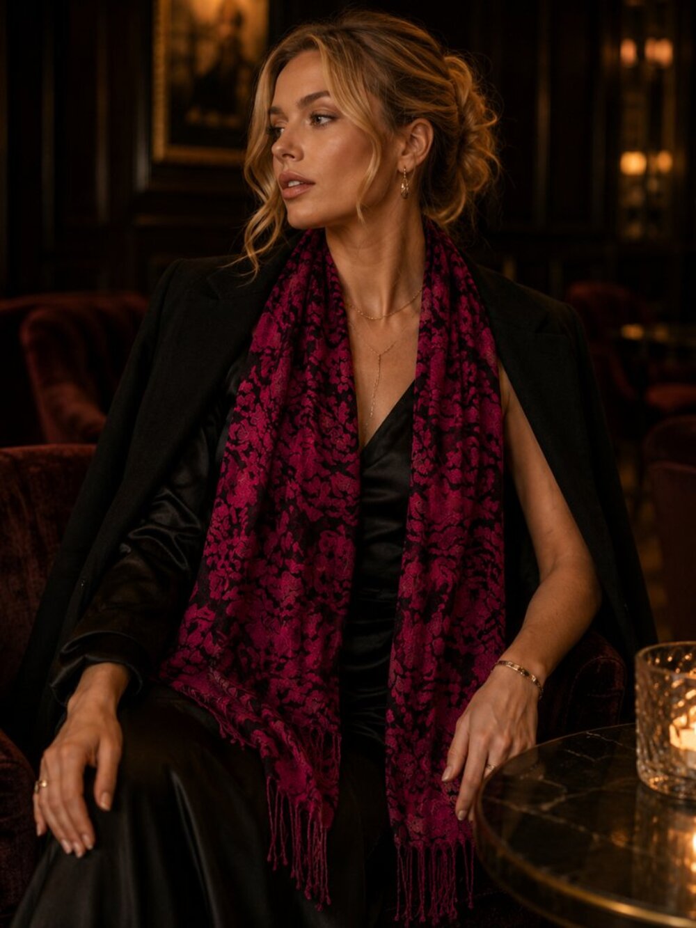 Vintage Raspberry Floral Ombré Scarf Shawl — Romantic Boho Luxe Wrap